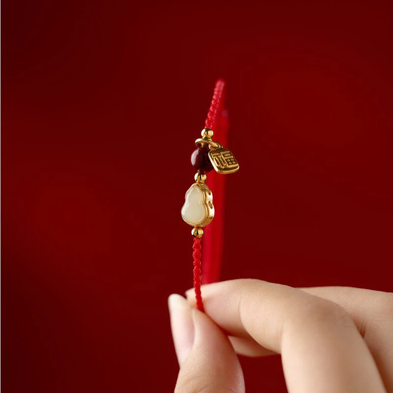 Natural Hetian Jade Fortune & Wealth Red Rope Bracelet, Peace & Luck Auspicious Unisex Gift