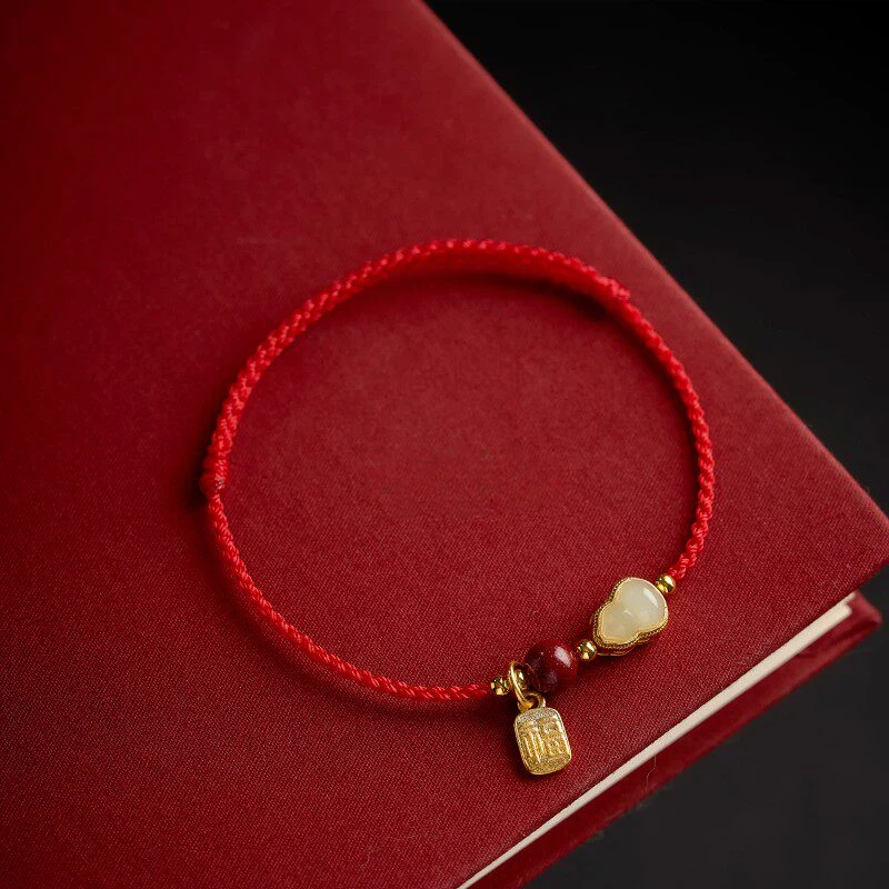 Natural Hetian Jade Fortune & Wealth Red Rope Bracelet, Peace & Luck Auspicious Unisex Gift