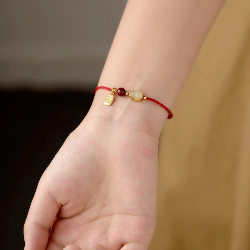Natural Hetian Jade Fortune & Wealth Red Rope Bracelet, Peace & Luck Auspicious Unisex Gift