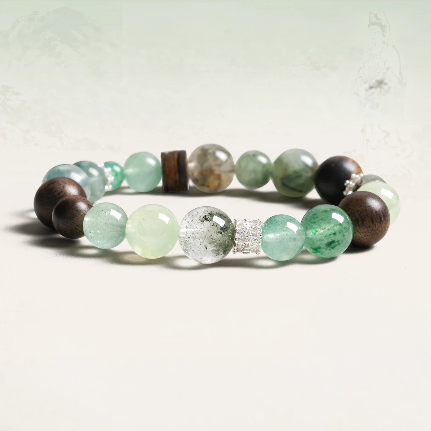 Natural Green Phantom Quartz Five Elements Bracelet, Metal Water Fire Earth Wealth & Good Luck Couple Beaded Gift