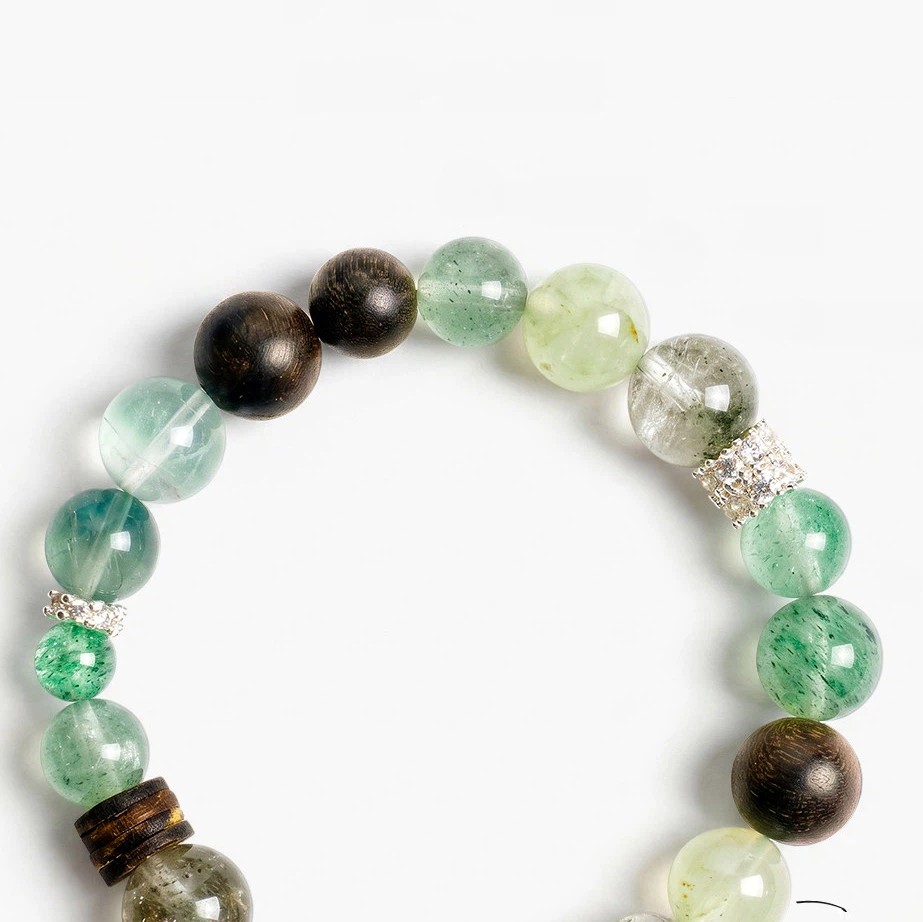 Natural Green Phantom Quartz Five Elements Bracelet, Metal Water Fire Earth Wealth & Good Luck Couple Beaded Gift