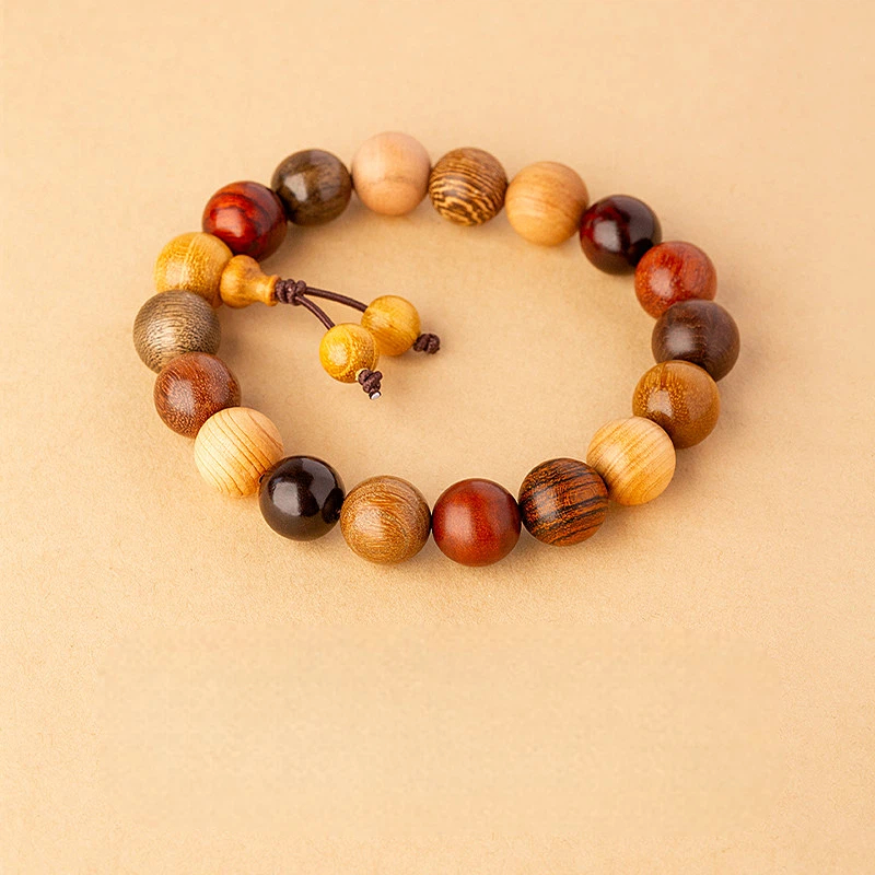 Natural Wood 18-Seed Multi-Treasure Bracelet, Wenwan Buddhist Prayer Mala Beads Unisex
