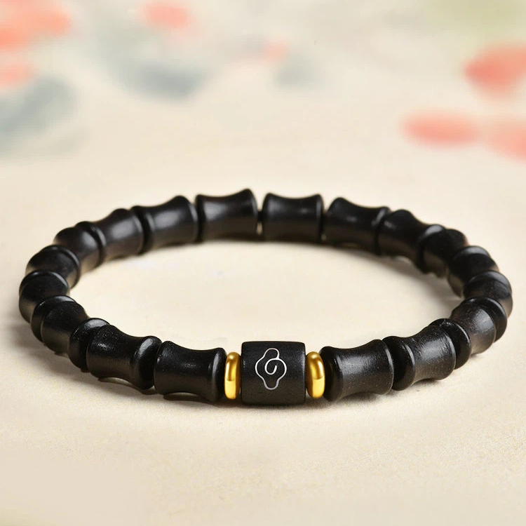 Natural Black Sandalwood Bamboo Node Cinnabar Fortune Bead Bracelet, Sandalwood Buddhist Mala Amulet, Unisex