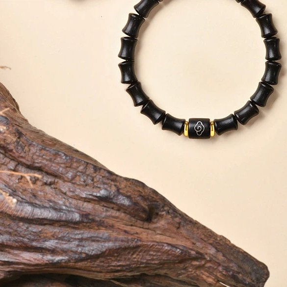 Natural Black Sandalwood Bamboo Node Cinnabar Fortune Bead Bracelet, Sandalwood Buddhist Mala Amulet, Unisex
