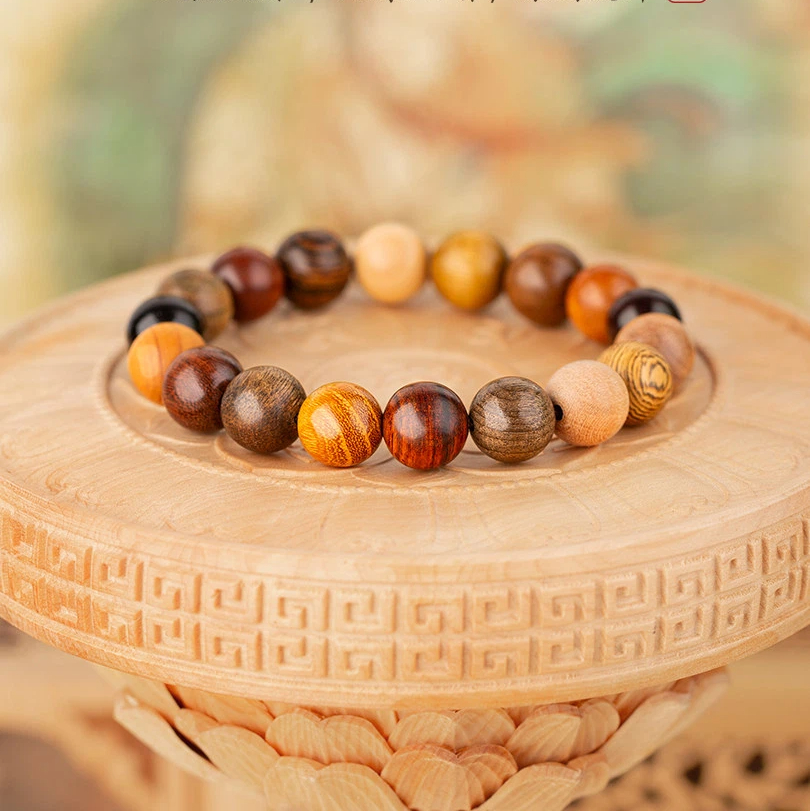 Natural Wood 18-Seed Multi-Treasure Bracelet, Wenwan Buddhist Prayer Mala Beads Unisex