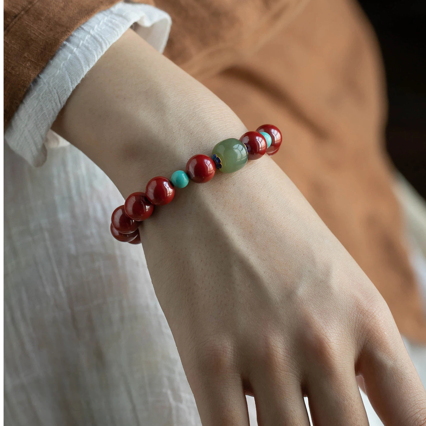 Natural Hetian Jade & Cinnabar Peace Bracelet, Dainty Auspicious Jewelry Gift for Women