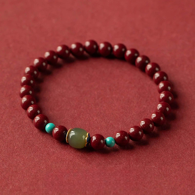 Natural Hetian Jade & Cinnabar Peace Bracelet, Dainty Auspicious Jewelry Gift for Women