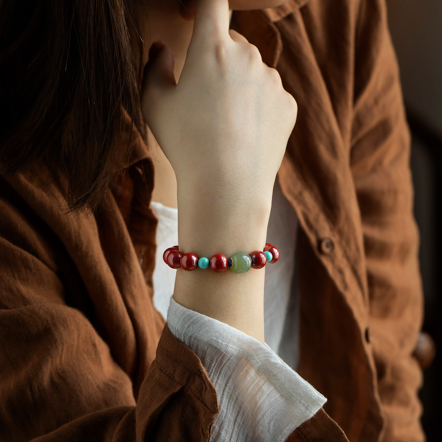 Natural Hetian Jade & Cinnabar Peace Bracelet, Dainty Auspicious Jewelry Gift for Women