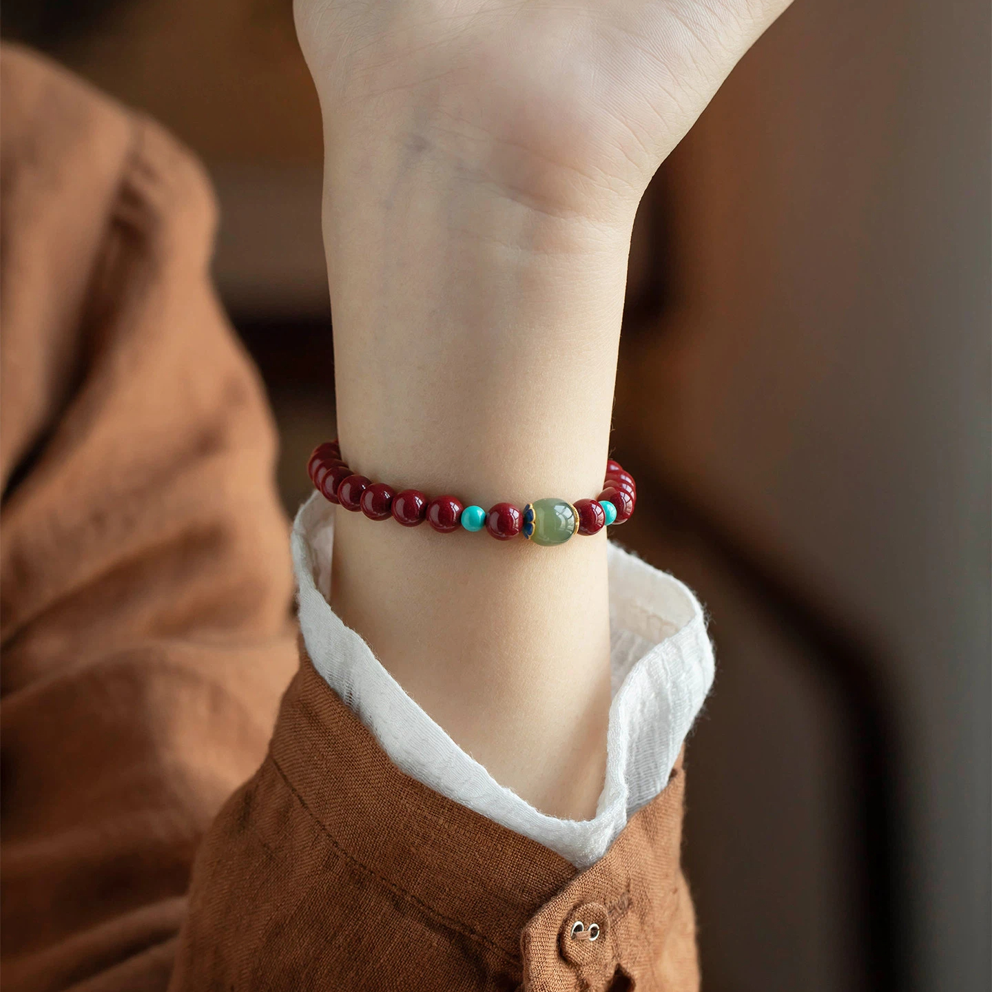Natural Hetian Jade & Cinnabar Peace Bracelet, Dainty Auspicious Jewelry Gift for Women