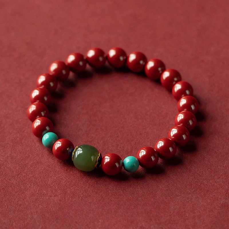Natural Hetian Jade & Cinnabar Peace Bracelet, Dainty Auspicious Jewelry Gift for Women