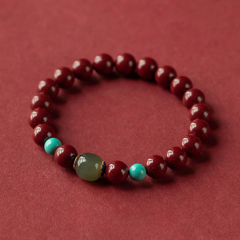 Natural Hetian Jade & Cinnabar Peace Bracelet, Dainty Auspicious Jewelry Gift for Women