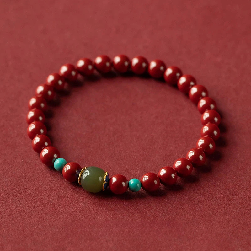 Natural Hetian Jade & Cinnabar Peace Bracelet, Dainty Auspicious Jewelry Gift for Women