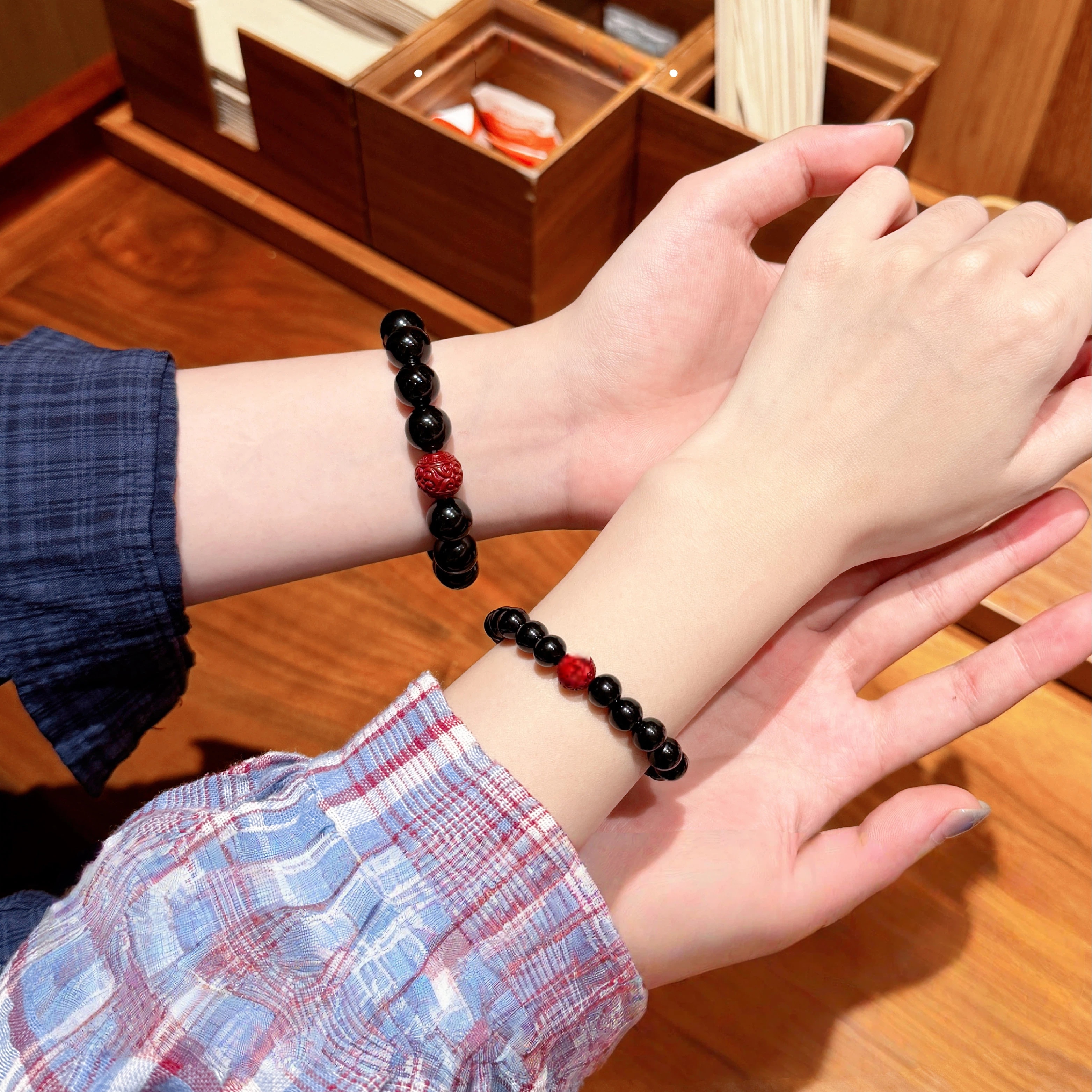 Natural Obsidian & Cinnabar Couple Bracelets Set, Premium Beaded Bracelet, Romantic Gift for Boyfriend & Girlfriend, Holiday Anniversary Present