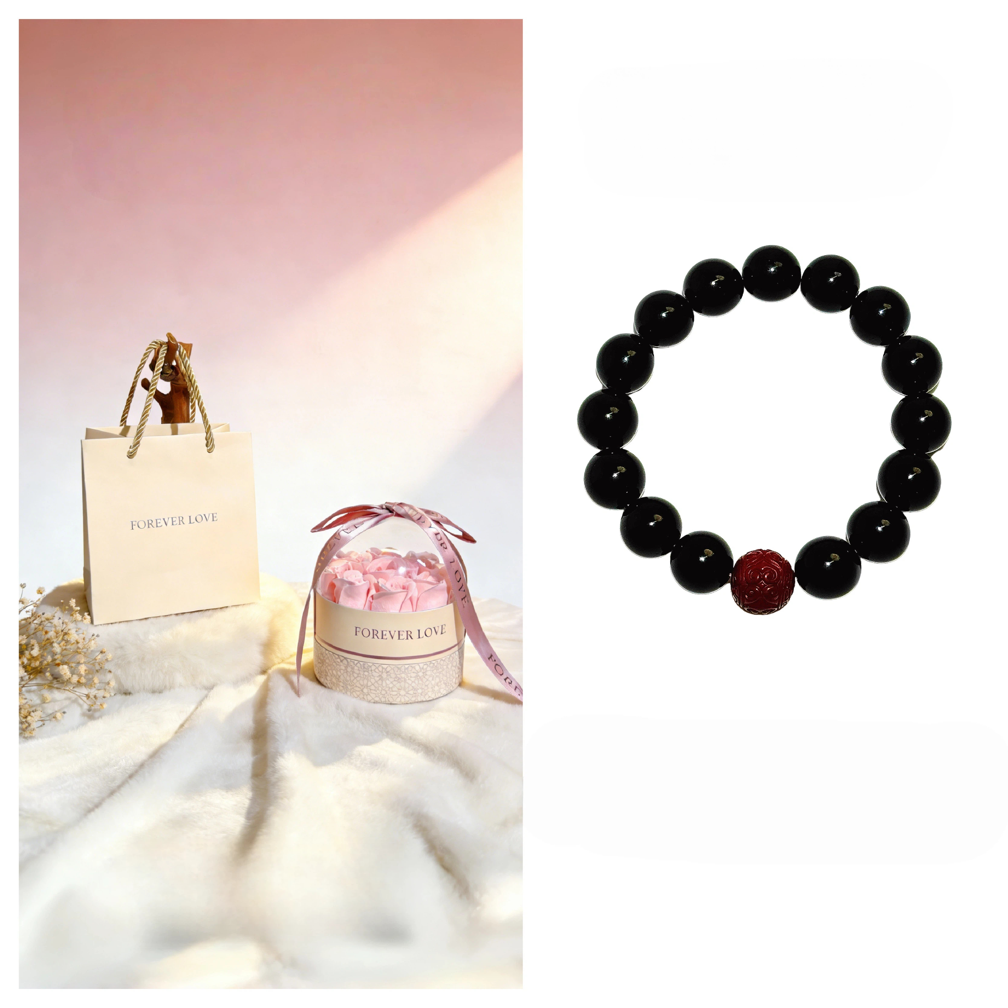 Natural Obsidian & Cinnabar Couple Bracelets Set, Premium Beaded Bracelet, Romantic Gift for Boyfriend & Girlfriend, Holiday Anniversary Present
