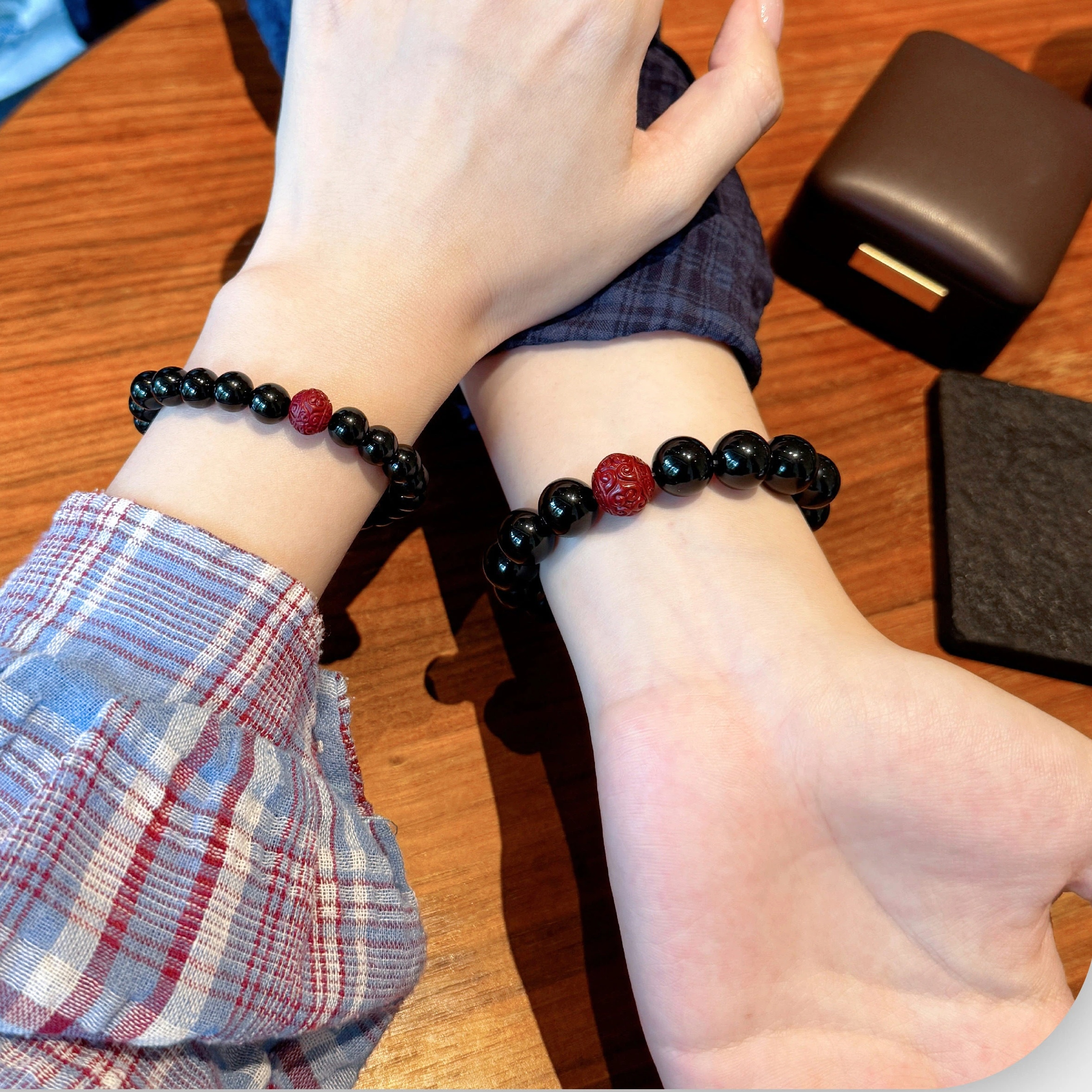 Natural Obsidian & Cinnabar Couple Bracelets Set, Premium Beaded Bracelet, Romantic Gift for Boyfriend & Girlfriend, Holiday Anniversary Present