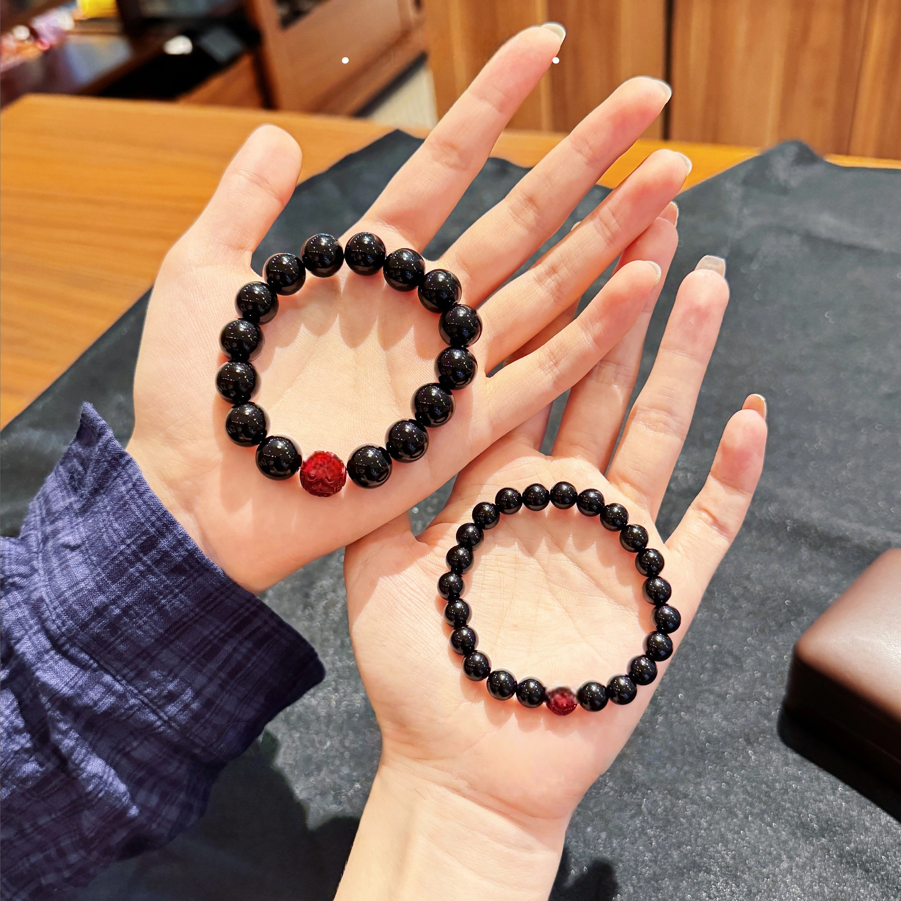 Natural Obsidian & Cinnabar Couple Bracelets Set, Premium Beaded Bracelet, Romantic Gift for Boyfriend & Girlfriend, Holiday Anniversary Present