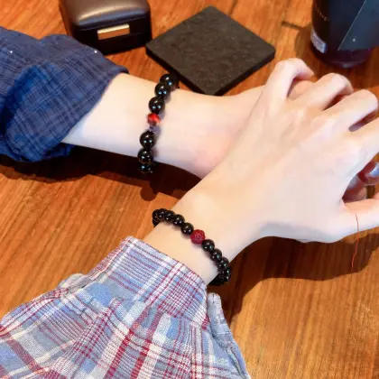 Natural Obsidian & Cinnabar Couple Bracelets Set, Premium Beaded Bracelet, Romantic Gift for Boyfriend & Girlfriend, Holiday Anniversary Present