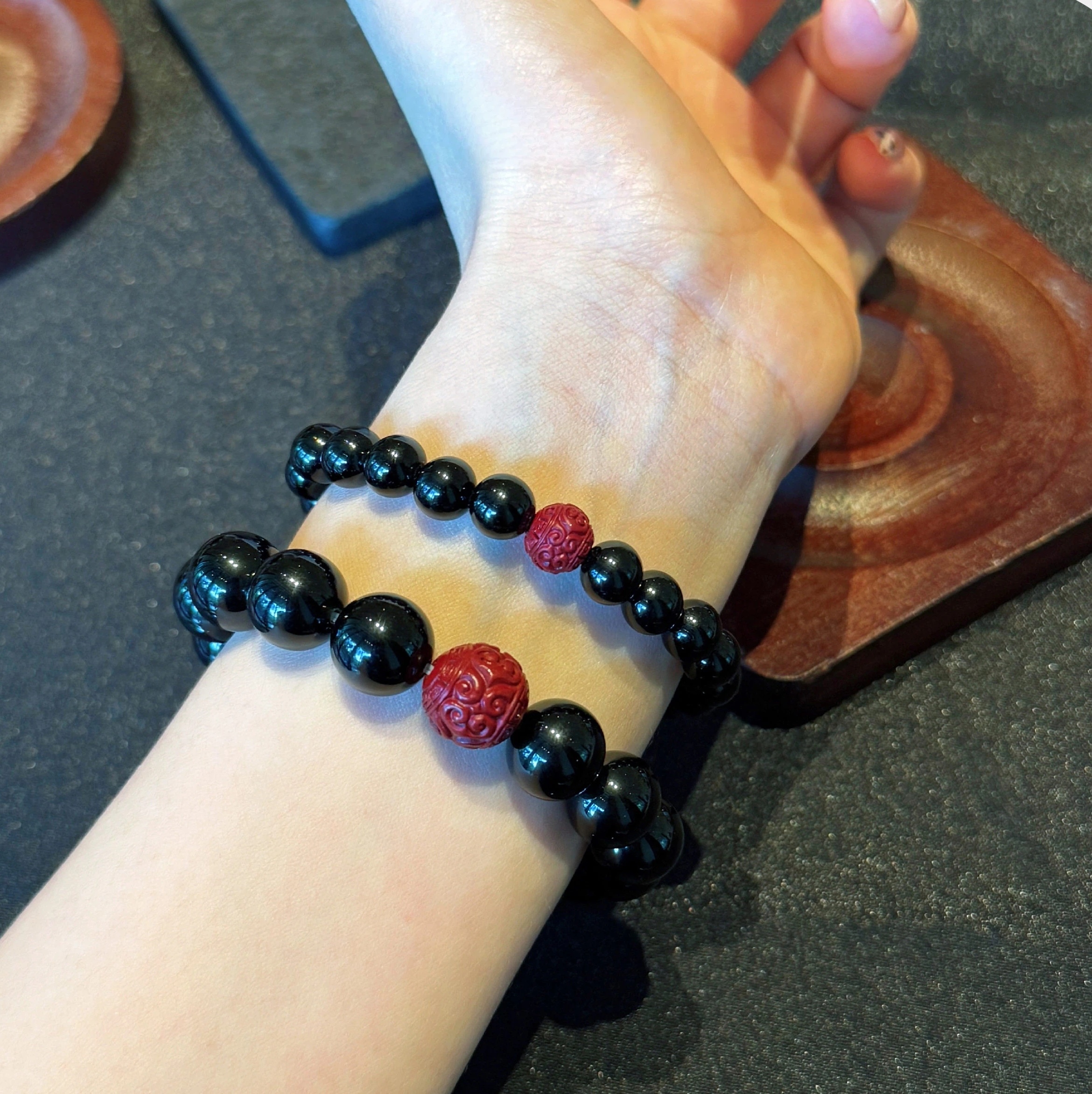 Natural Obsidian & Cinnabar Couple Bracelets Set, Premium Beaded Bracelet, Romantic Gift for Boyfriend & Girlfriend, Holiday Anniversary Present