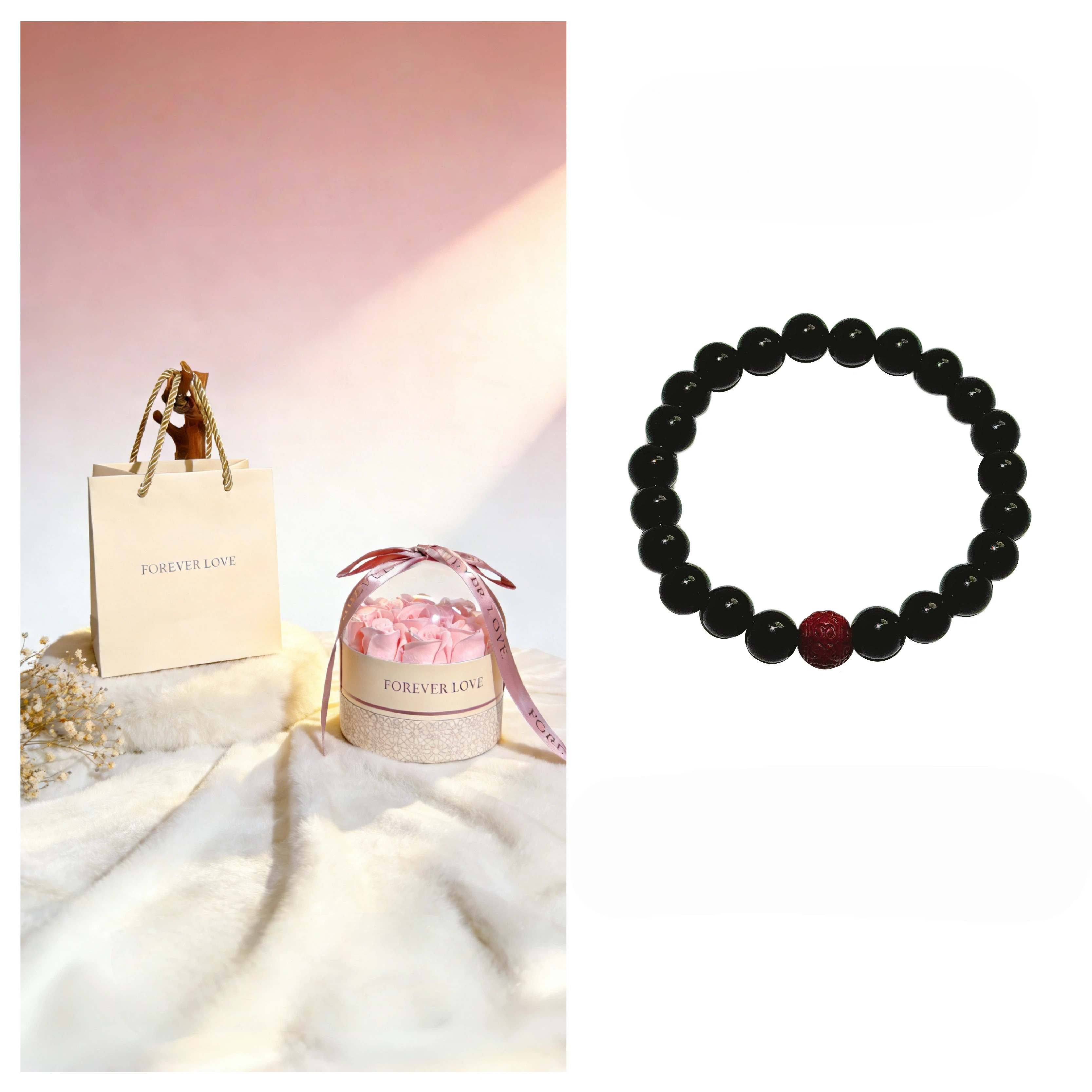 Natural Obsidian & Cinnabar Couple Bracelets Set, Premium Beaded Bracelet, Romantic Gift for Boyfriend & Girlfriend, Holiday Anniversary Present
