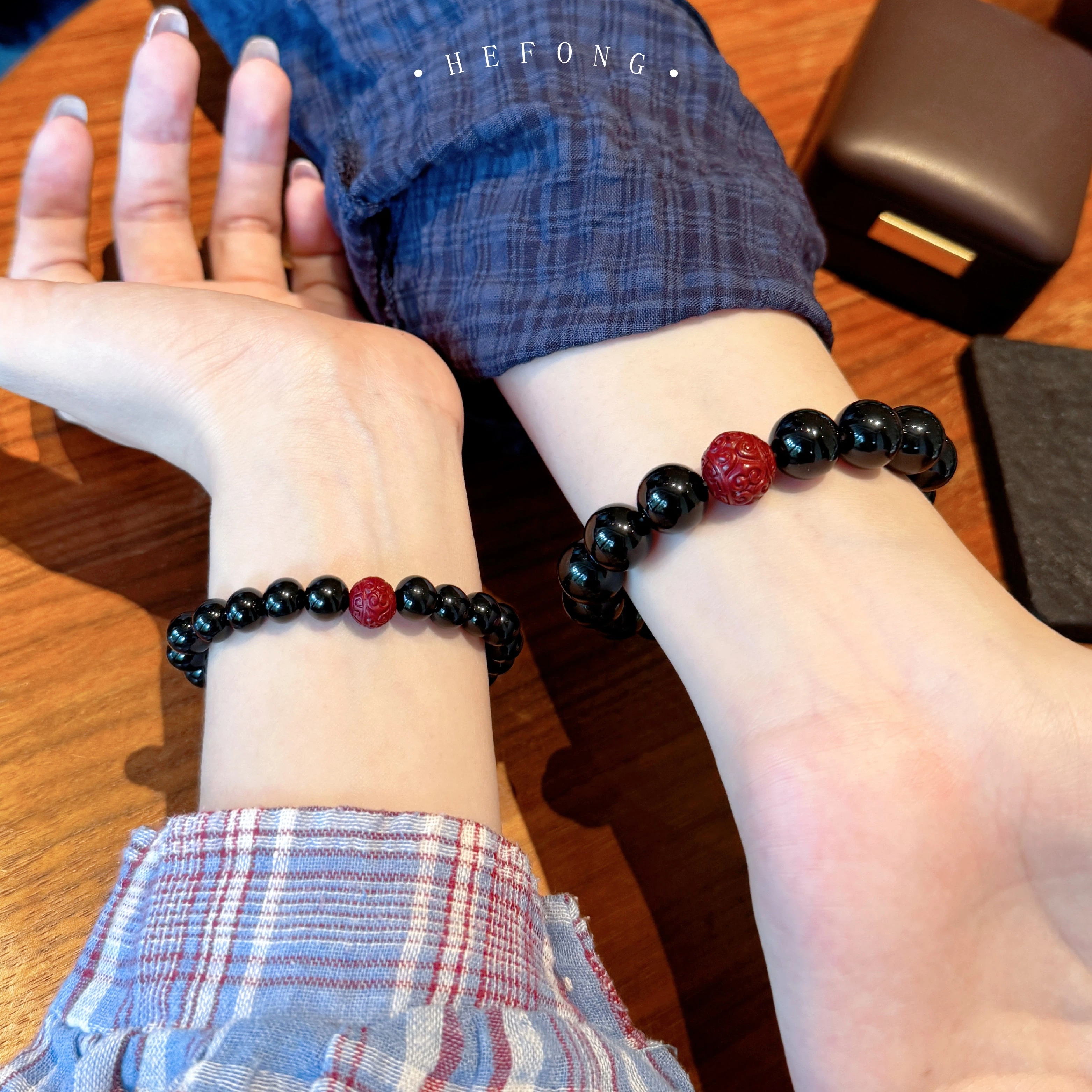 Natural Obsidian & Cinnabar Couple Bracelets Set, Premium Beaded Bracelet, Romantic Gift for Boyfriend & Girlfriend, Holiday Anniversary Present