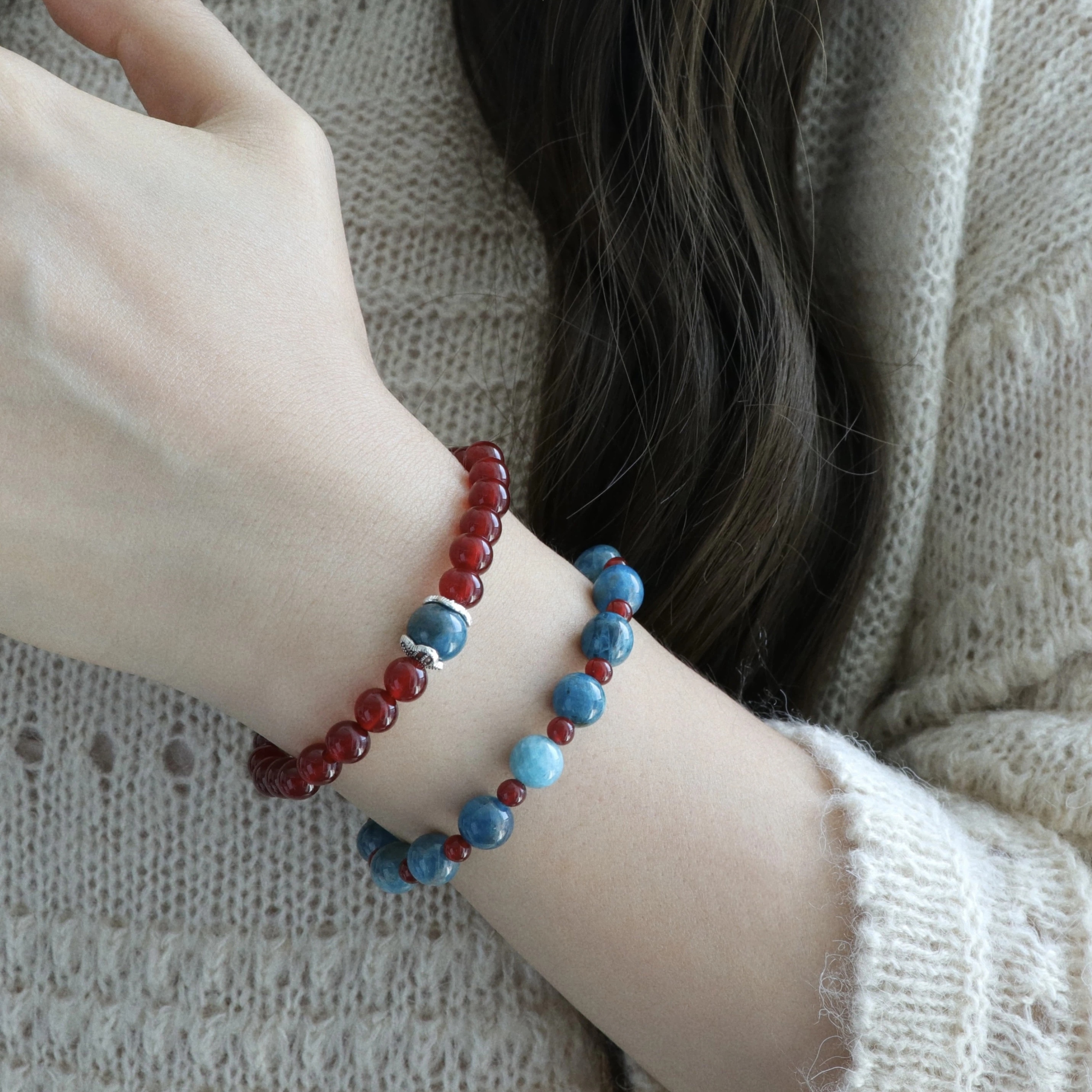 Natural Red Agate & Apatite Bracelet, New Chinese Style Skin-Brightening Stackable Bracelet, Niche Elegant Gift for Women