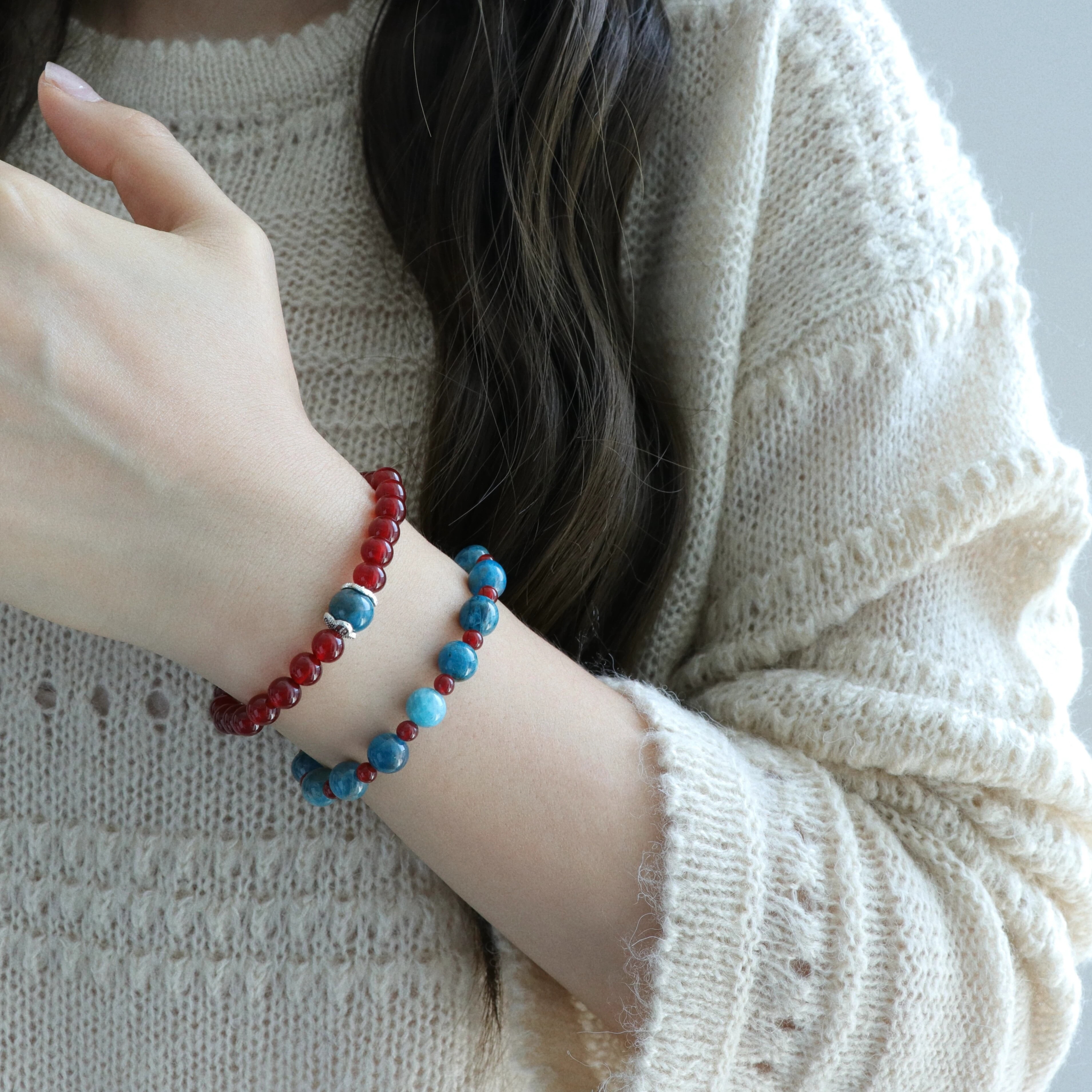 Natural Red Agate & Apatite Bracelet, New Chinese Style Skin-Brightening Stackable Bracelet, Niche Elegant Gift for Women