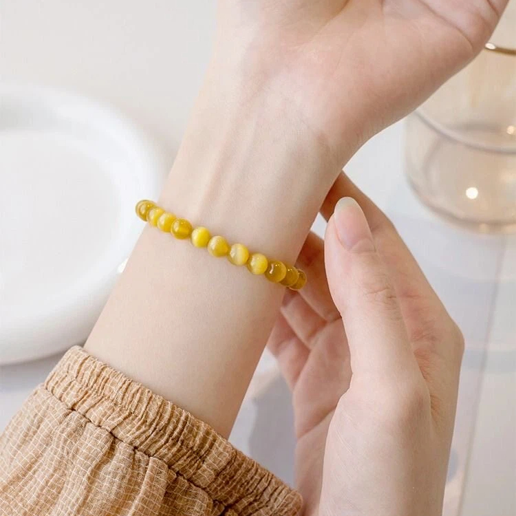 Natural Golden Tiger's Eye Wealth Bracelet, Yellow Tiger Eye Cat's Eye Single Strand Beaded Jewelry, Unisex Auspicious Gift