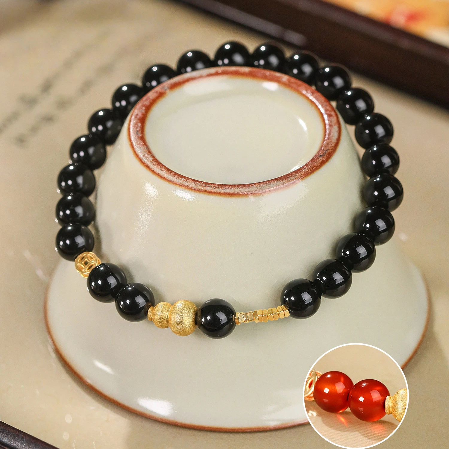 Natural Obsidian & Red Agate Stackable Bracelet, Light Luxury Niche Delicate BFF Matching Accessory