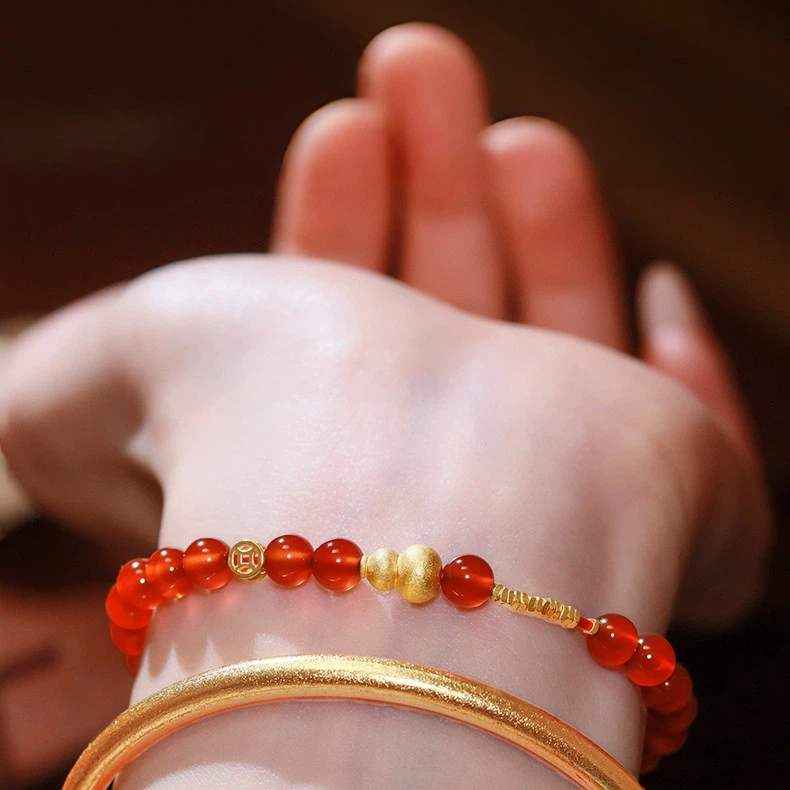 Natural Obsidian & Red Agate Stackable Bracelet, Light Luxury Niche Delicate BFF Matching Accessory