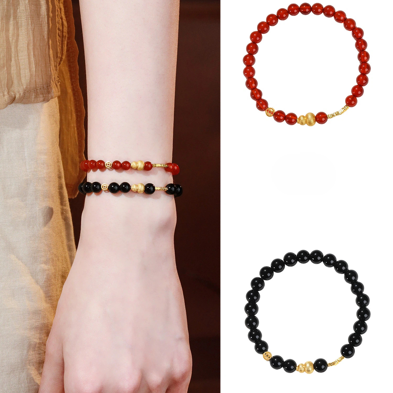 Natural Obsidian & Red Agate Stackable Bracelet, Light Luxury Niche Delicate BFF Matching Accessory