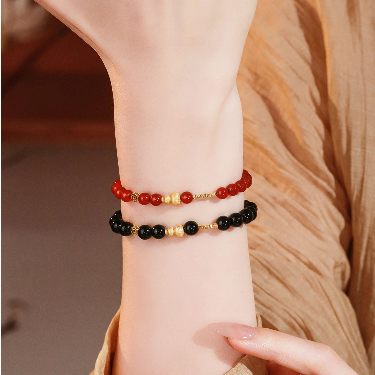 Natural Obsidian & Red Agate Stackable Bracelet, Light Luxury Niche Delicate BFF Matching Accessory