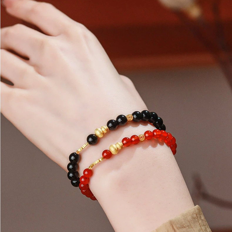 Natural Obsidian & Red Agate Stackable Bracelet, Light Luxury Niche Delicate BFF Matching Accessory