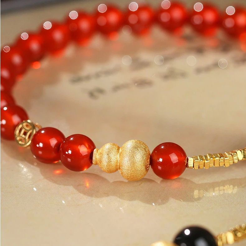 Natural Obsidian & Red Agate Stackable Bracelet, Light Luxury Niche Delicate BFF Matching Accessory