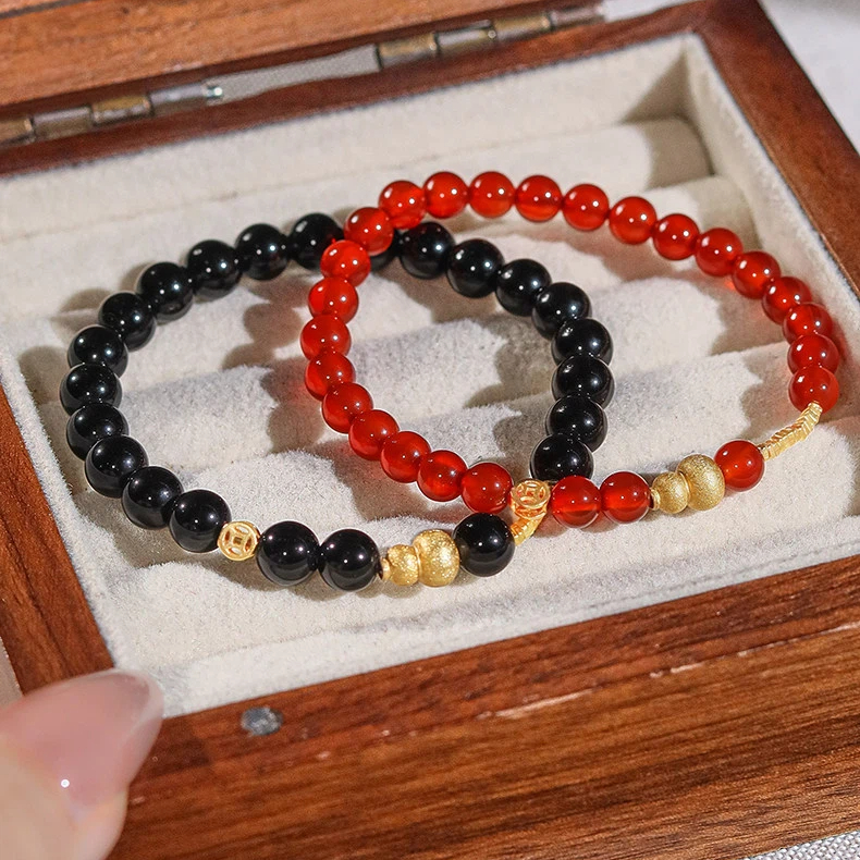 Natural Obsidian & Red Agate Stackable Bracelet, Light Luxury Niche Delicate BFF Matching Accessory