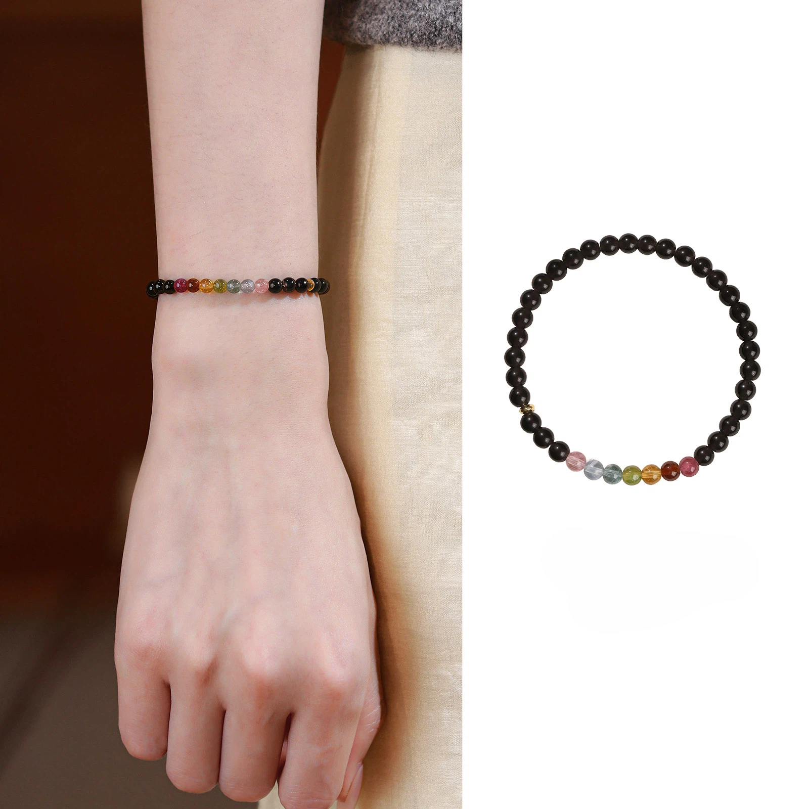 Natural Obsidian & Tourmaline Bracelet for Women, Light Luxury Niche Delicate Stunning Jewelry Gift