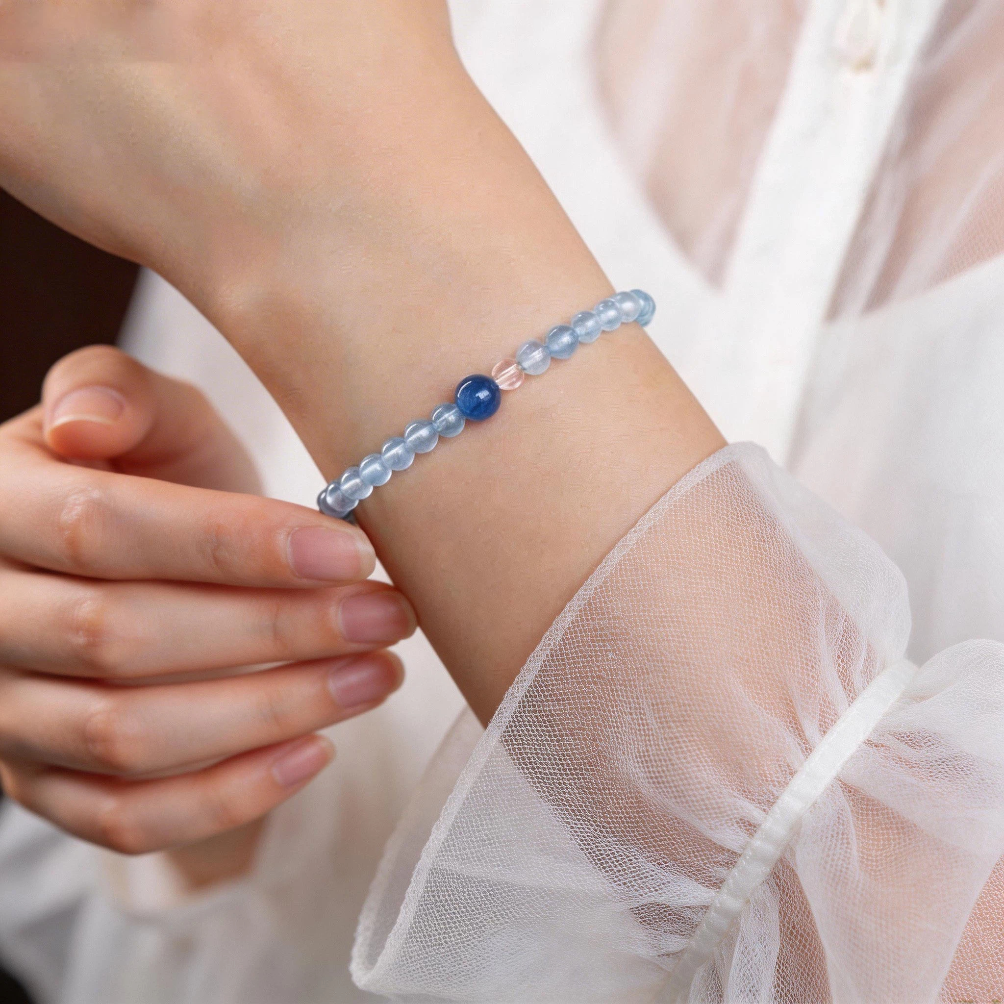 Natural Aquamarine Kyanite & Clear Quartz Bracelet, Five Elements Water Replenishing, Summer Premium Elegant Jewelry Gift for Women