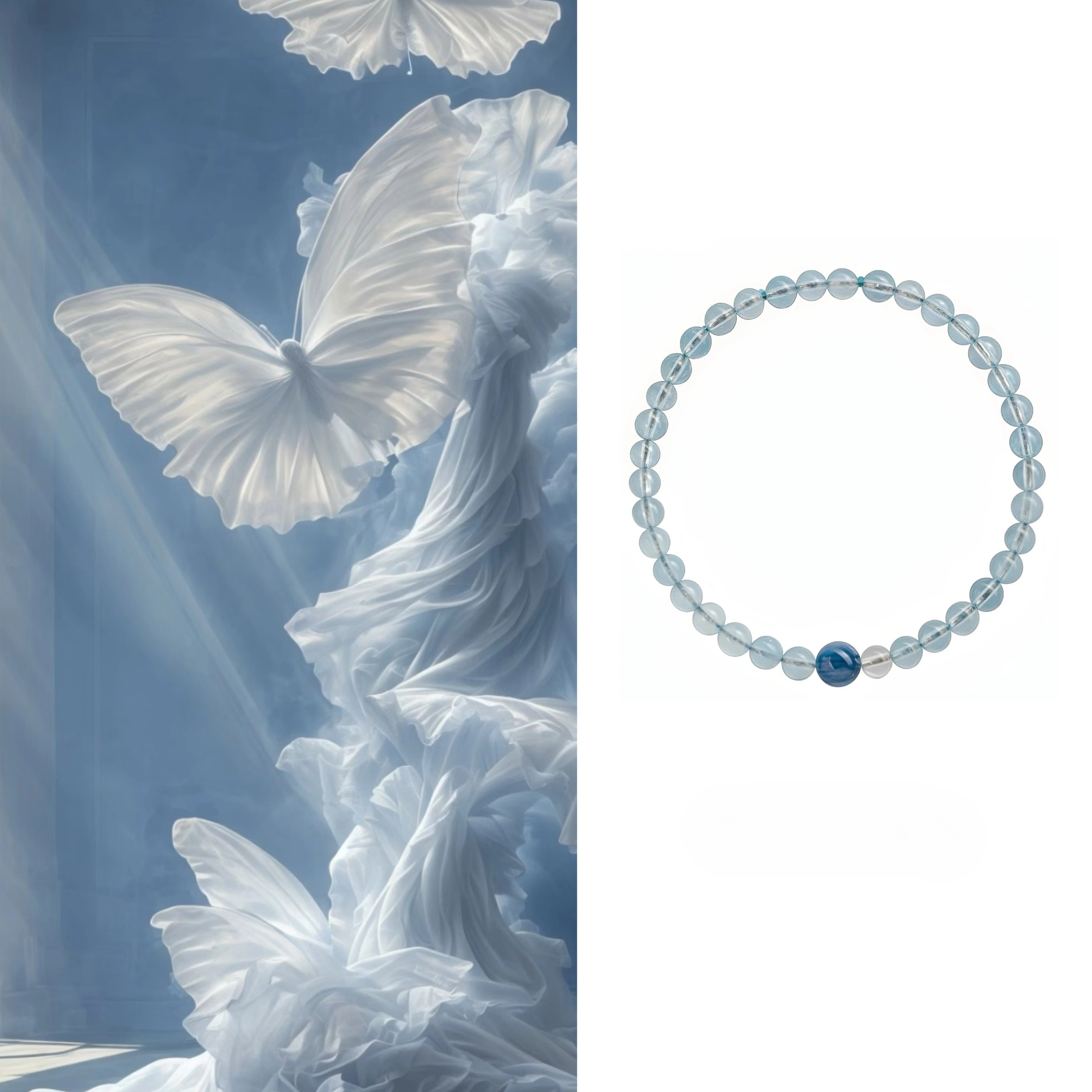 Natural Aquamarine Kyanite & Clear Quartz Bracelet, Five Elements Water Replenishing, Summer Premium Elegant Jewelry Gift for Women