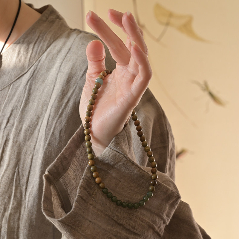 Natural Green Sandalwood & Hetian Jade Double Strand Bracelet, Icy Blue Water Jadeite Fortune Turning, Calming Buddhist Mala Wenwan Jewelry
