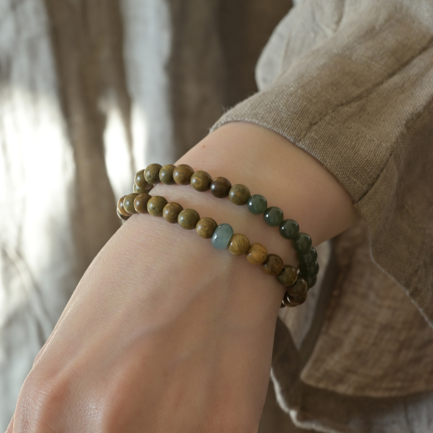 Natural Green Sandalwood & Hetian Jade Double Strand Bracelet, Icy Blue Water Jadeite Fortune Turning, Calming Buddhist Mala Wenwan Jewelry