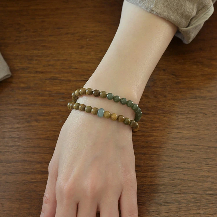 Natural Green Sandalwood & Hetian Jade Double Strand Bracelet, Icy Blue Water Jadeite Fortune Turning, Calming Buddhist Mala Wenwan Jewelry