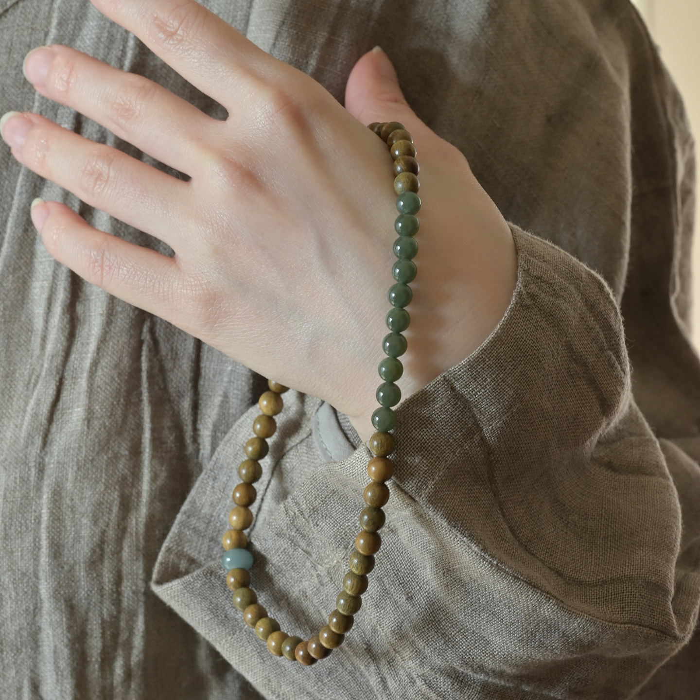 Natural Green Sandalwood & Hetian Jade Double Strand Bracelet, Icy Blue Water Jadeite Fortune Turning, Calming Buddhist Mala Wenwan Jewelry