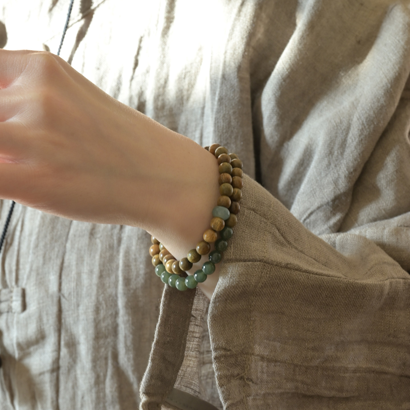 Natural Green Sandalwood & Hetian Jade Double Strand Bracelet, Icy Blue Water Jadeite Fortune Turning, Calming Buddhist Mala Wenwan Jewelry