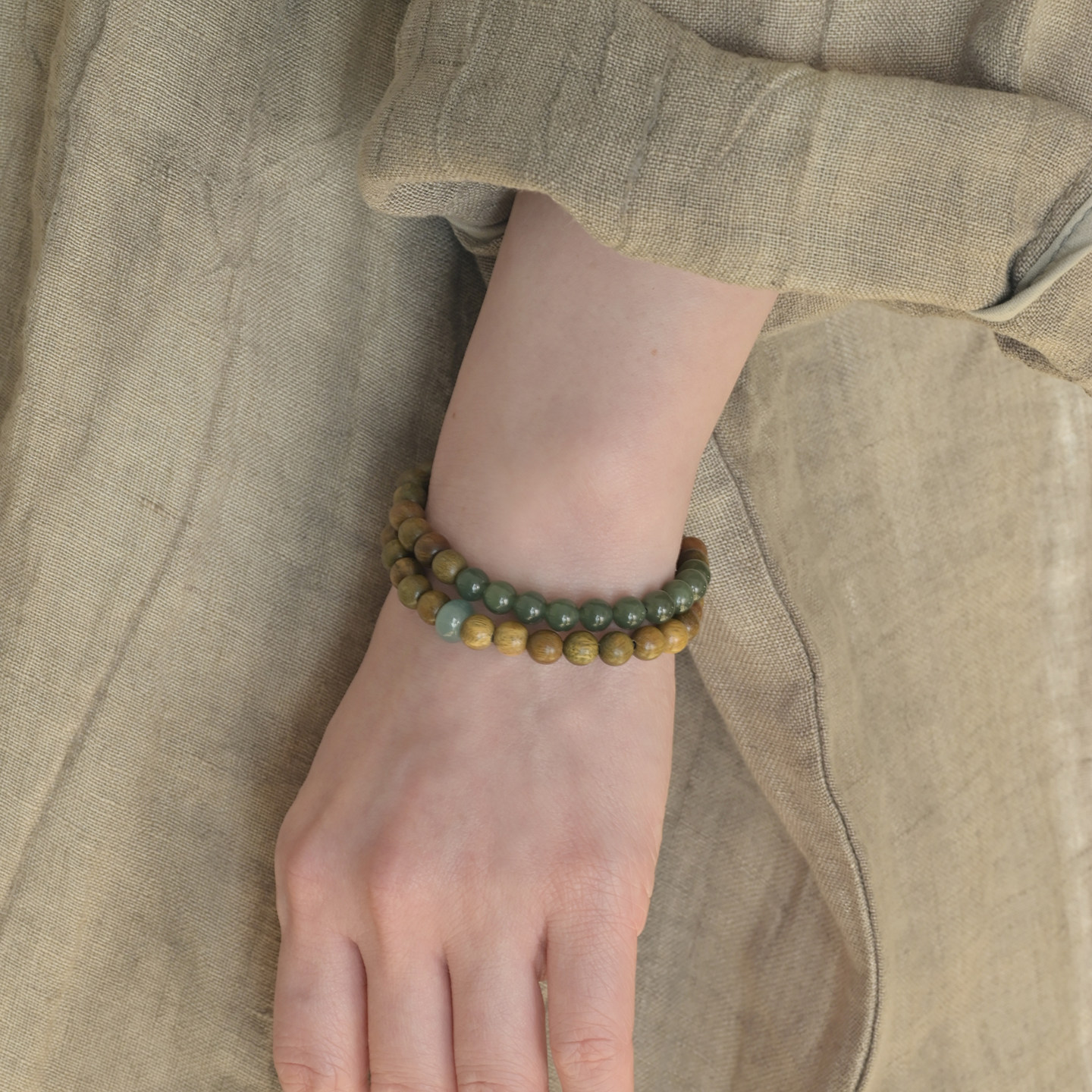 Natural Green Sandalwood & Hetian Jade Double Strand Bracelet, Icy Blue Water Jadeite Fortune Turning, Calming Buddhist Mala Wenwan Jewelry