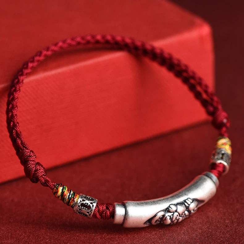 Fine Silver Pixiu Red String Bracelet, Hand-Woven Fortune Beads, Unisex Zodiac Year Wealth & Luck Bracelet