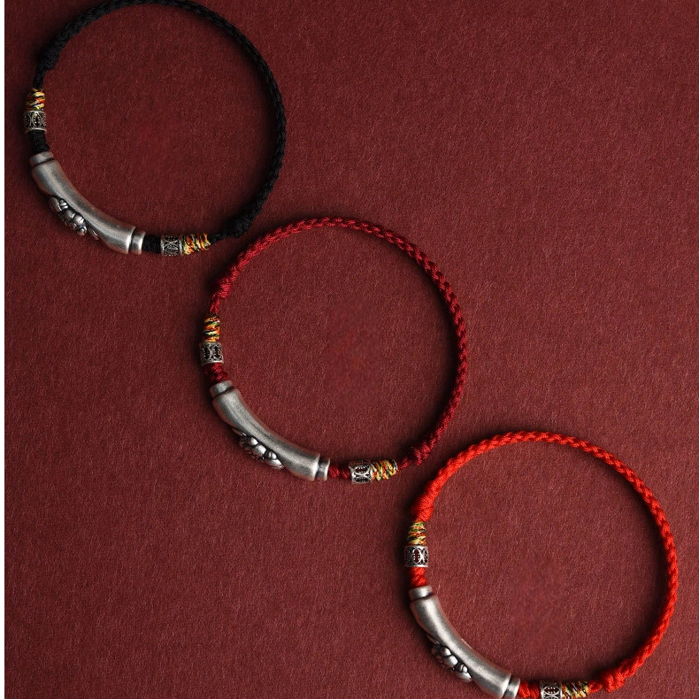 Fine Silver Pixiu Red String Bracelet, Hand-Woven Fortune Beads, Unisex Zodiac Year Wealth & Luck Bracelet