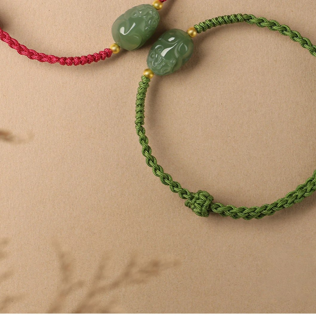 Natural Hetian Jade Pixiu Couple Red String Bracelet, Zodiac Birth Year Amulet, Auspicious Gift