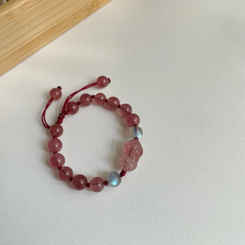 Natural Strawberry Quartz & Gold Obsidian Pixiu Couple Bracelet Set, Textured Memorial Crystal Jewelry Gift for Boyfriend