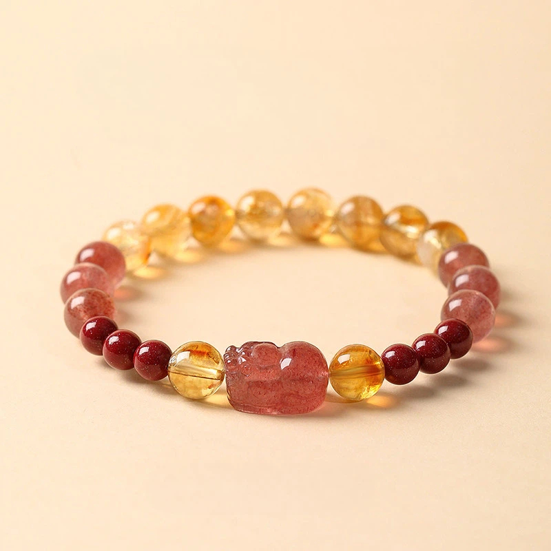 Natural Citrine & Strawberry Quartz Pixiu Bracelet, Fortune BFF Gift for Women