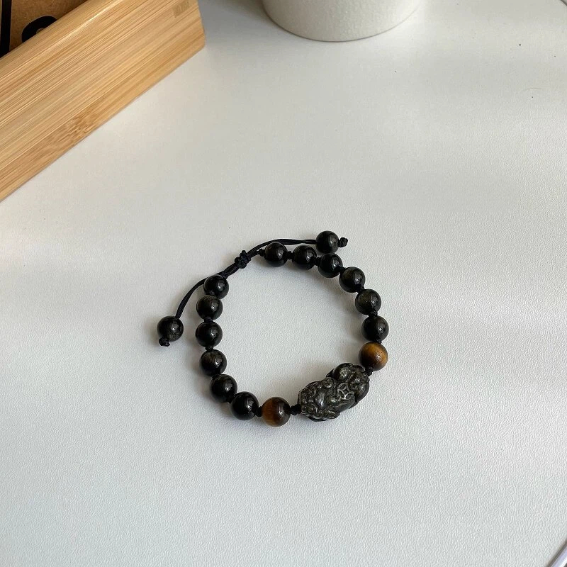 Natural Strawberry Quartz & Gold Obsidian Pixiu Couple Bracelet Set, Textured Memorial Crystal Jewelry Gift for Boyfriend