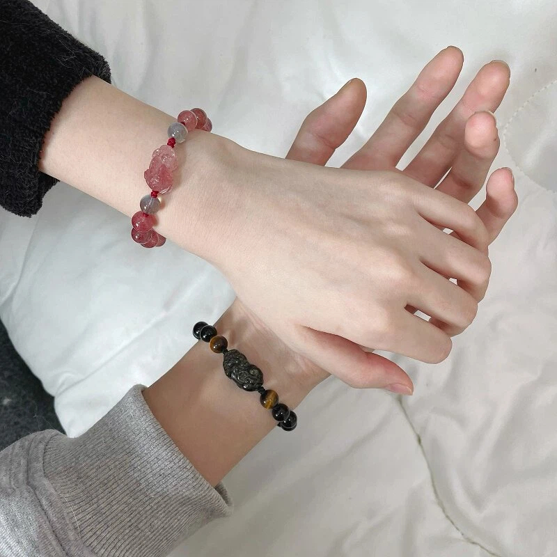 Natural Strawberry Quartz & Gold Obsidian Pixiu Couple Bracelet Set, Textured Memorial Crystal Jewelry Gift for Boyfriend